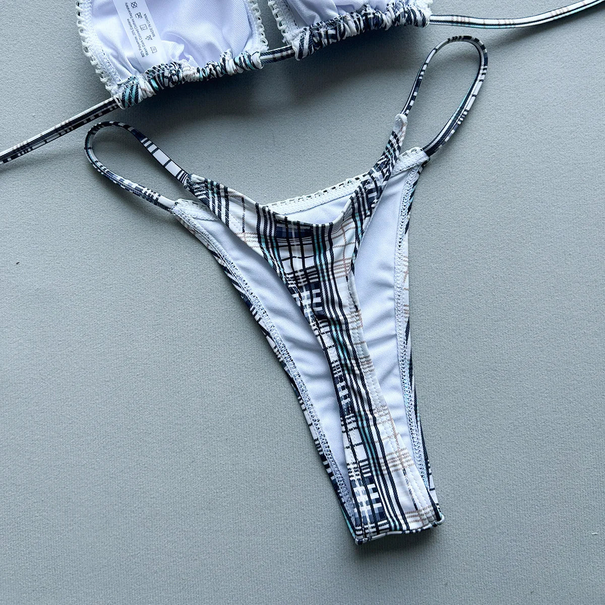 New 2026 Women's Micro Bikini Set Plaid Print Neck Lace-up Backless Biquini Beachwear Sexy Push Up Thong Low Waist  Bathing Suit