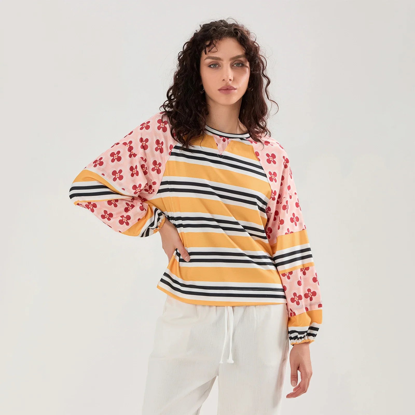 Loose Knitted Tops Women Contrast Color Stripe Floral Print Long Sleeve Pullovers Fall Winter Casual Jumpers