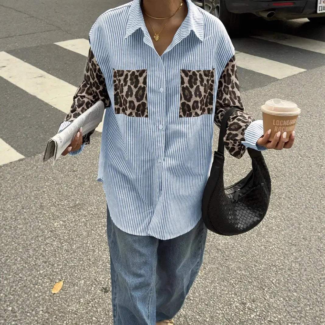 2026 New Women's Loose Casual Leopard Stripe Patchwork Long Sleeve Shirt with Pockets Turn Down Collar Blouse Top