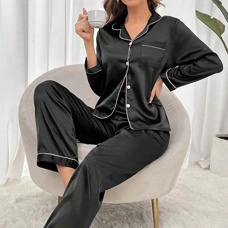 Women's Luxurious Satin Pajamas Pj Set Turn-down Collar Button Tops & Pants Sleepwear & Loungewear for Summer Home Clothes Suit