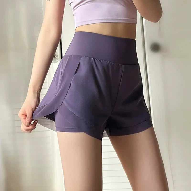 Women's yoga shorts, summer mesh fake two-piece quick drying anti glare fitness high waisted yoga pants