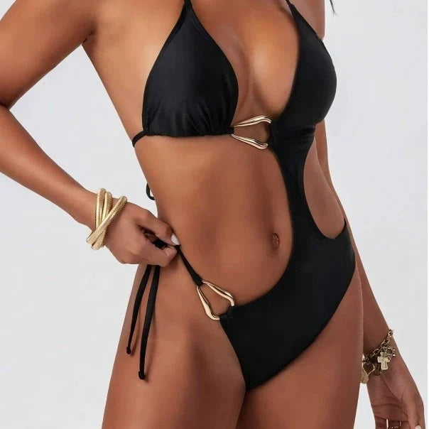DEKA Women'S Solid Color Slim Fit Hollow Metal Swimsuit Sexy Backless Tank Bodysuit Bikini Set Hot Sexy Comfort Female Bandeau