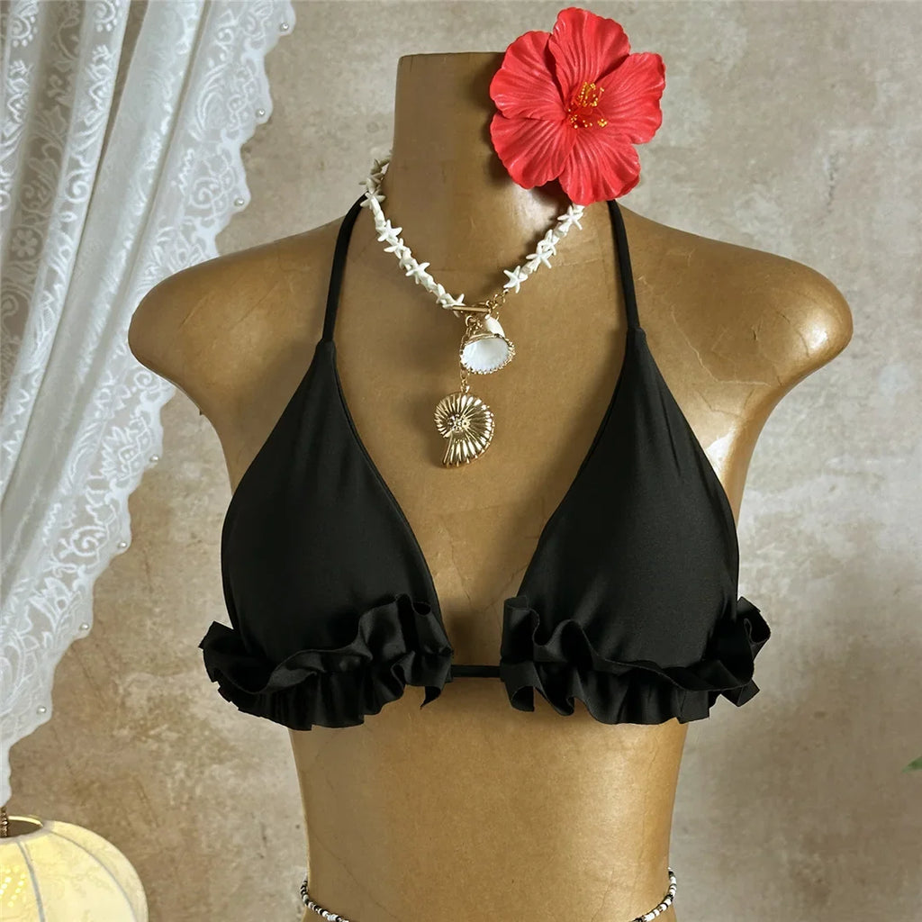 With Skirt Ruffled Frilled Halter Bikini Female Swimsuit Women Swimwear Three-pieces Bikini set Bather Bathing Suit Swim V7788