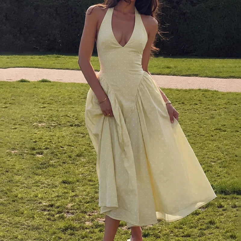 FDYOUI Chic Halter Polka Dot Vacation Dresses for Woman 2026 Summer Lace-up Backless High Waist Tunics Ruched A-line Party Dress