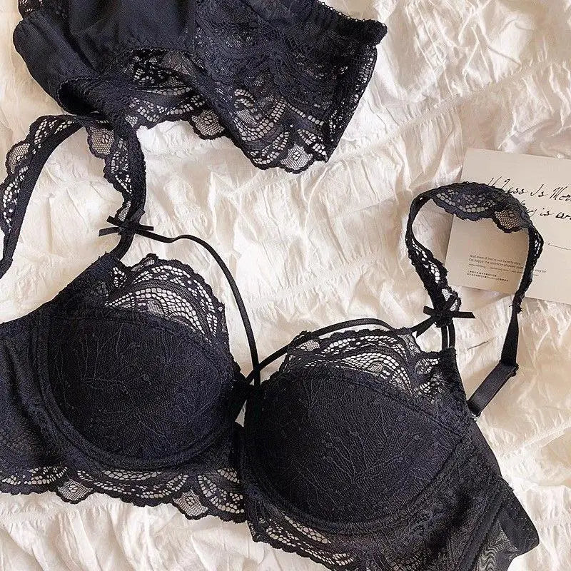 MOYISU French Pure Lace Bralette Petite Bra Set, AABB Cup with Removable Straps & Thin Push Up Pads, Soft Underwire Sexy Women's