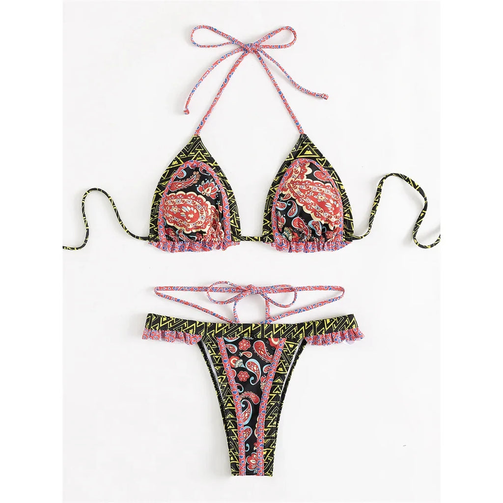 5 Colors Sexy Printed Halter Frilled Bikini Women Swimwear Female Swimsuit Two-Pieces Bikini Set Bather Bathing Suit Swim V4651