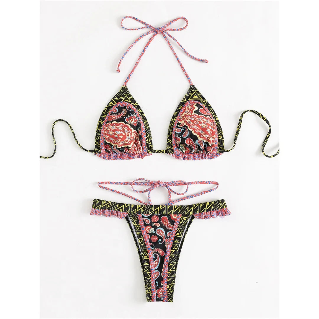 5 Colors Sexy Printed Halter Frilled Bikini Women Swimwear Female Swimsuit Two-Pieces Bikini Set Bather Bathing Suit Swim V4651