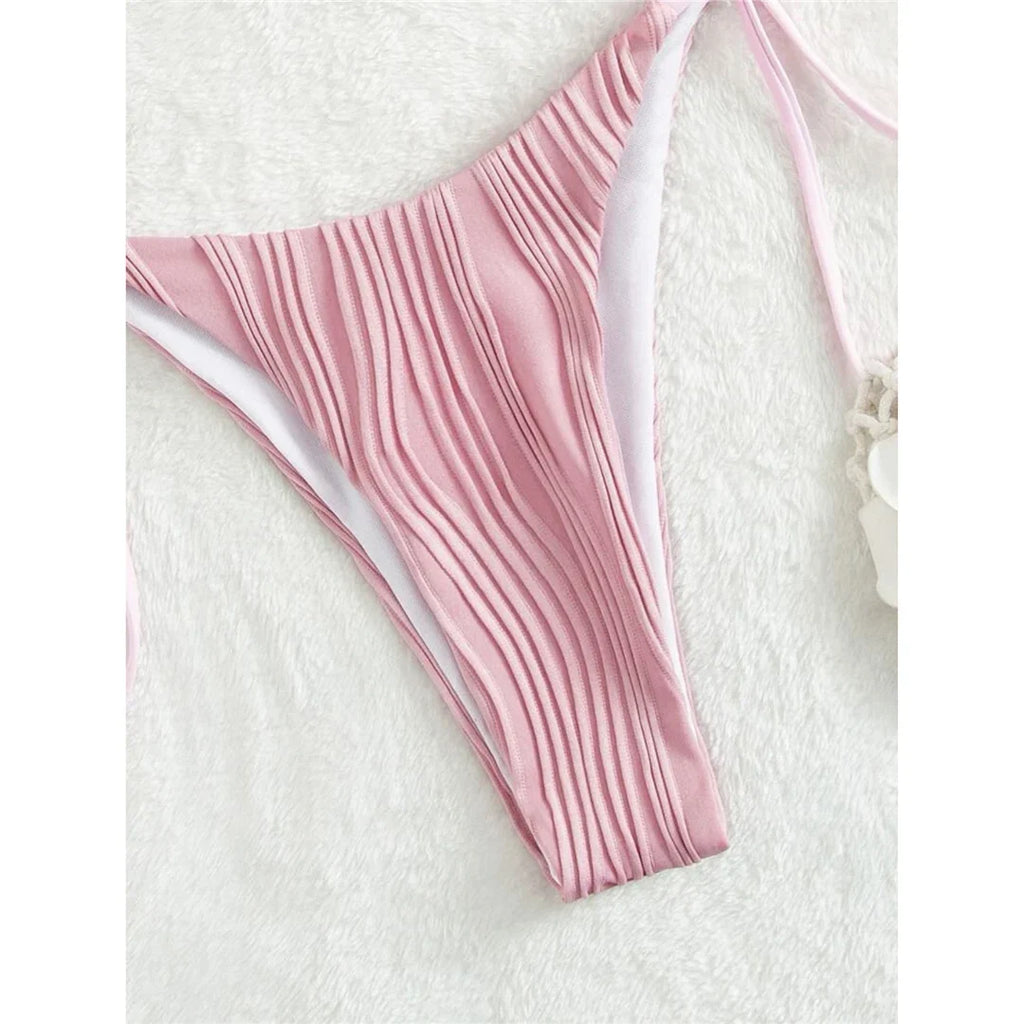 Sexy Wrinkled Halter Brazilian Bikini Female Swimsuit Women Swimwear Two-Pieces Bikini Set Bather Bathing Suit Swim Lady V4101