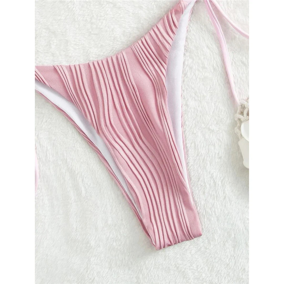 Sexy Wrinkled Halter Brazilian Bikini Female Swimsuit Women Swimwear Two-Pieces Bikini Set Bather Bathing Suit Swim Lady V4101
