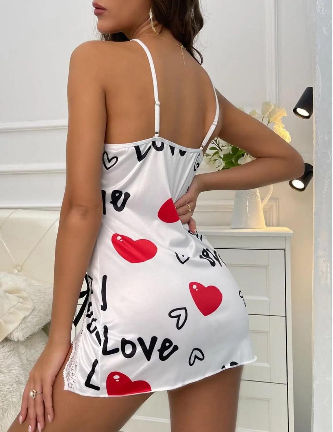 New Sexy Black Nightgown for Women Red Heart  Love Print Satin Lace Trim Mini Chemise Adjustable Spaghetti Strap Lingerie