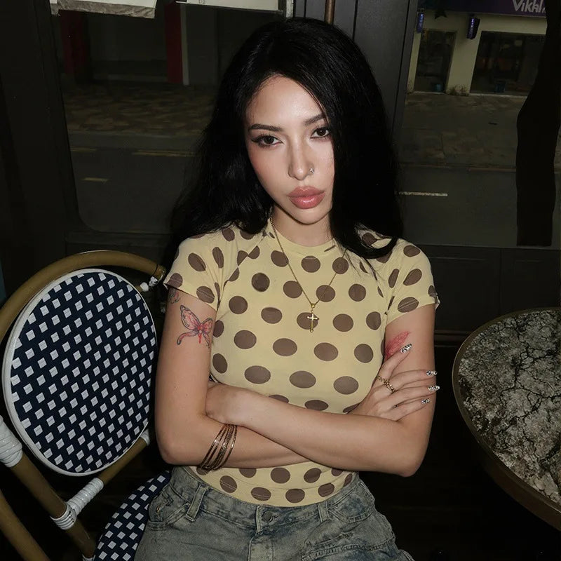 2026 Summer Women's Tops Round Neck Short Sexy Polka Dot T-Shirt Tops