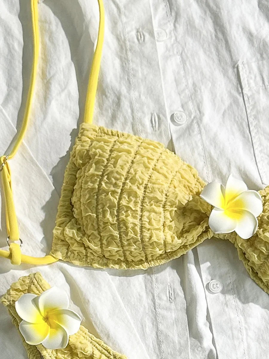 3D Flower Wrinkled Crinkled Bikini 2026 Women Bikinis Female Brazilian Swimwear Two pieces Swimsuit Bikini Set Bathing Suit Swim