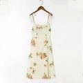 Spaghetti Strap Lace Up Beige Chiffon Summer Dress Sexy Slip Midi Sleeveless Dress Robe Big Flower Print Women Beach Dress Boho