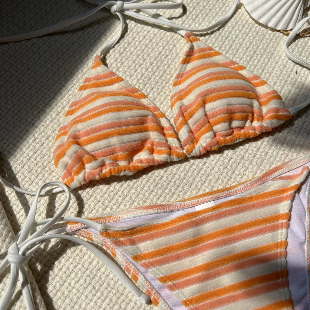 DEKA Women Brazilian Striped Bikini Set Vertical Stripes Thong Bikini Swimsuit Suspender Push Up Surf Swimwear Stylish Beach