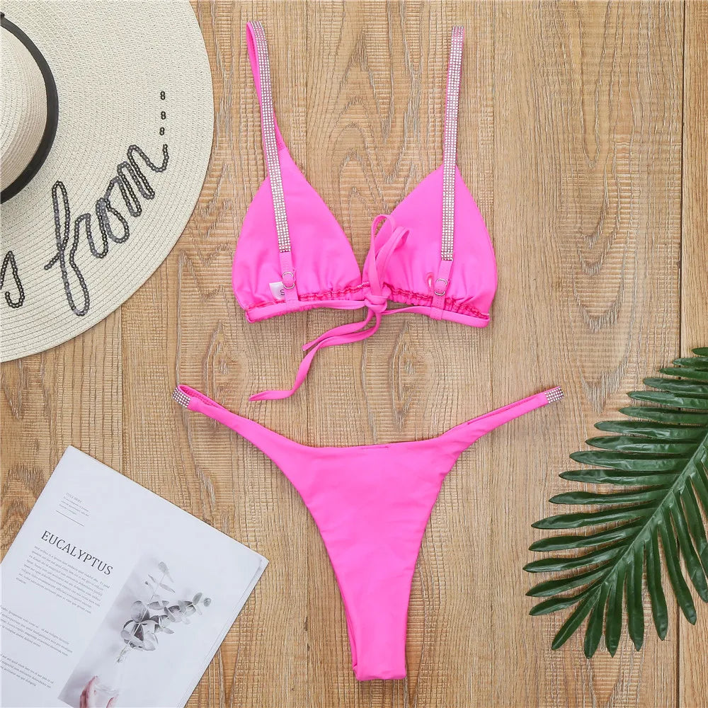 Diamond Swimwear Women 2025 Sexy Pink Micro Bikini Brazilian Black Rhinestone Thong Swimsuits Beach Push Up Bathing Suit Biquini