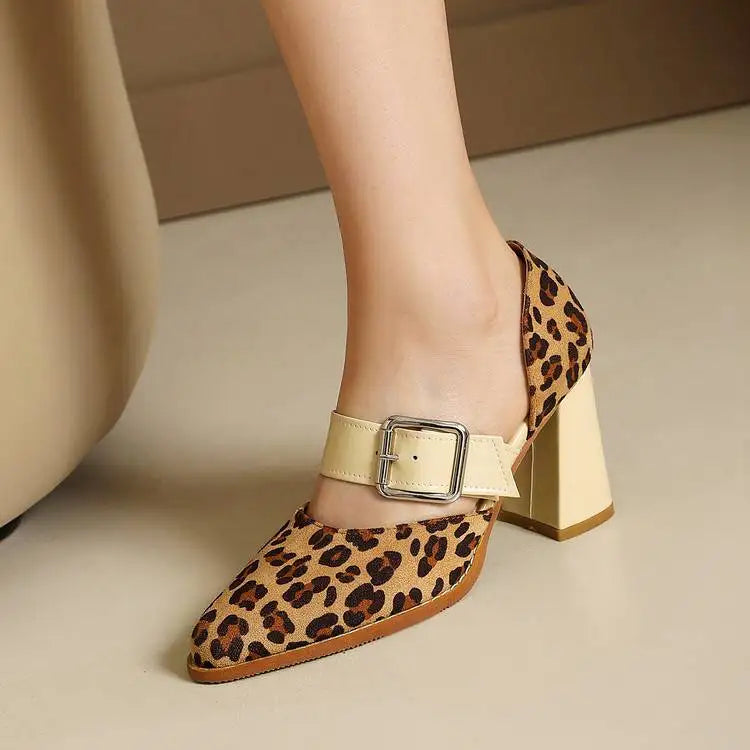 Spring  Autumn New Model Fashion High Heels Nude Shoes Color Blocking Pointed Tip Buckle Leopard Print Sexy Party Women's Shoes