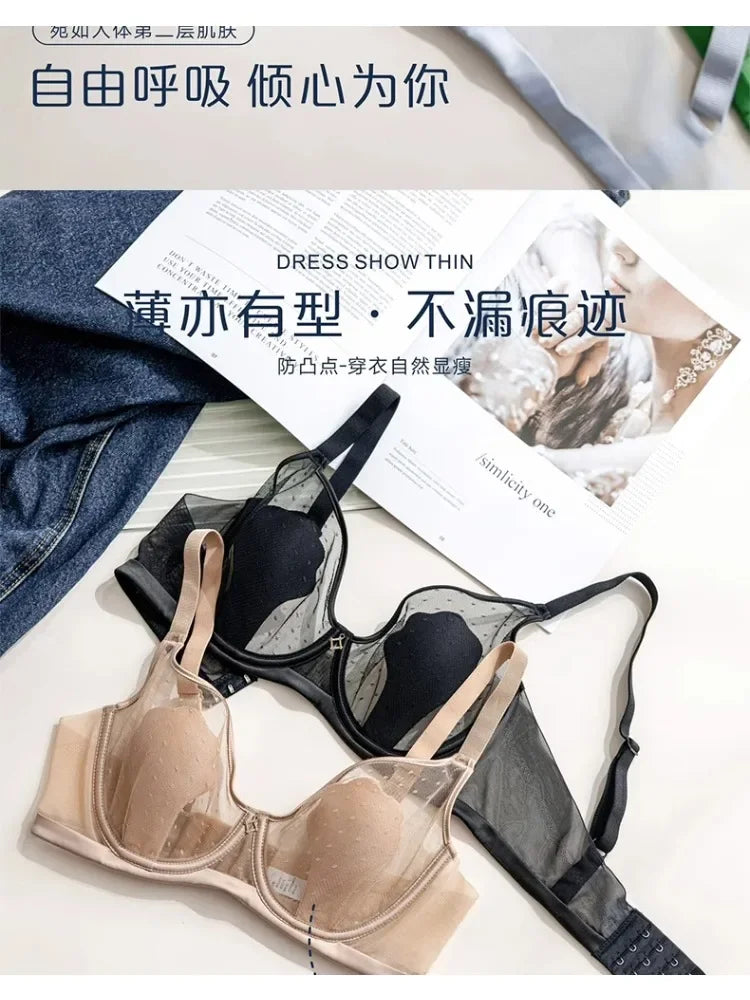 Parisian-Inspired Sheer Bralette Rabbit Cup Push-Up Bra Set Big Bust Support with Anti-Protrusion Padding Summer Thin Steel Ring