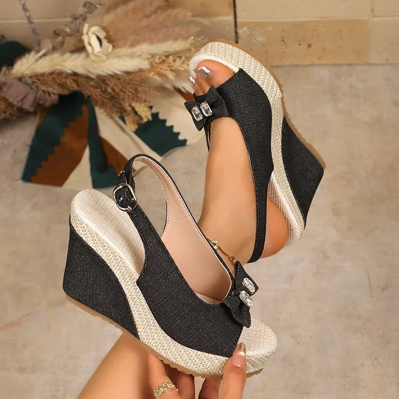 Retro Denim Wedge Heeled Sandals Women Plus Size 43 Bowknot Chunky Platform Sandalias Mujer Back Strap Thick Sole Summer Sandles