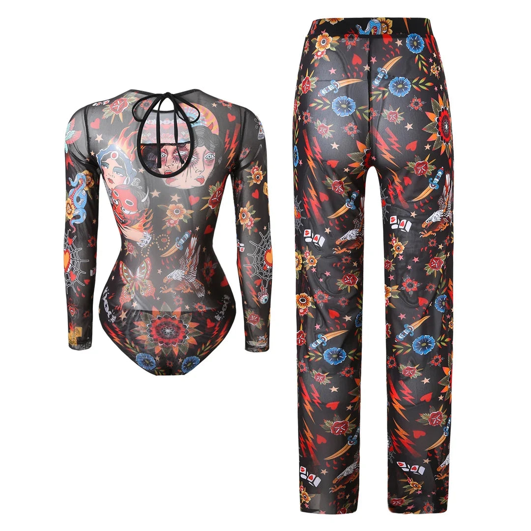 S - XXL New Printed Long Sleeve With Pants Women Swimwear One Piece Swimsuit Female Floral Padded Bather Bathing Suit Swim V7176