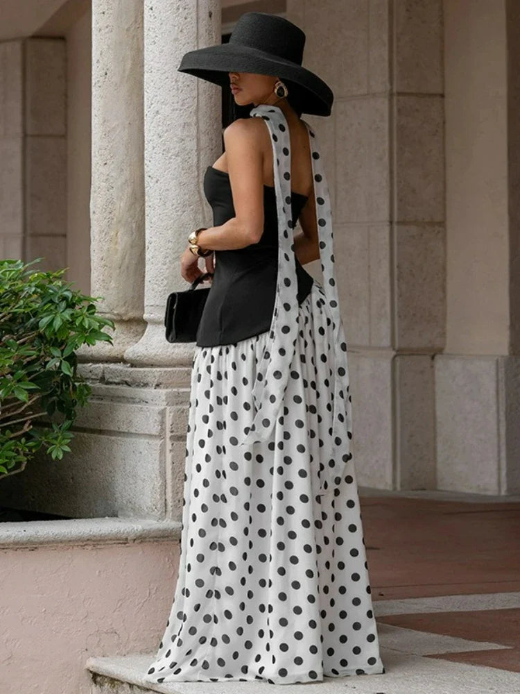 FDYOUI Elegant Bandage Polka Dot Patchwork Evening Dresses Women's 2026 Summer Off Shoulder High Slit Pleated Long Party Dress