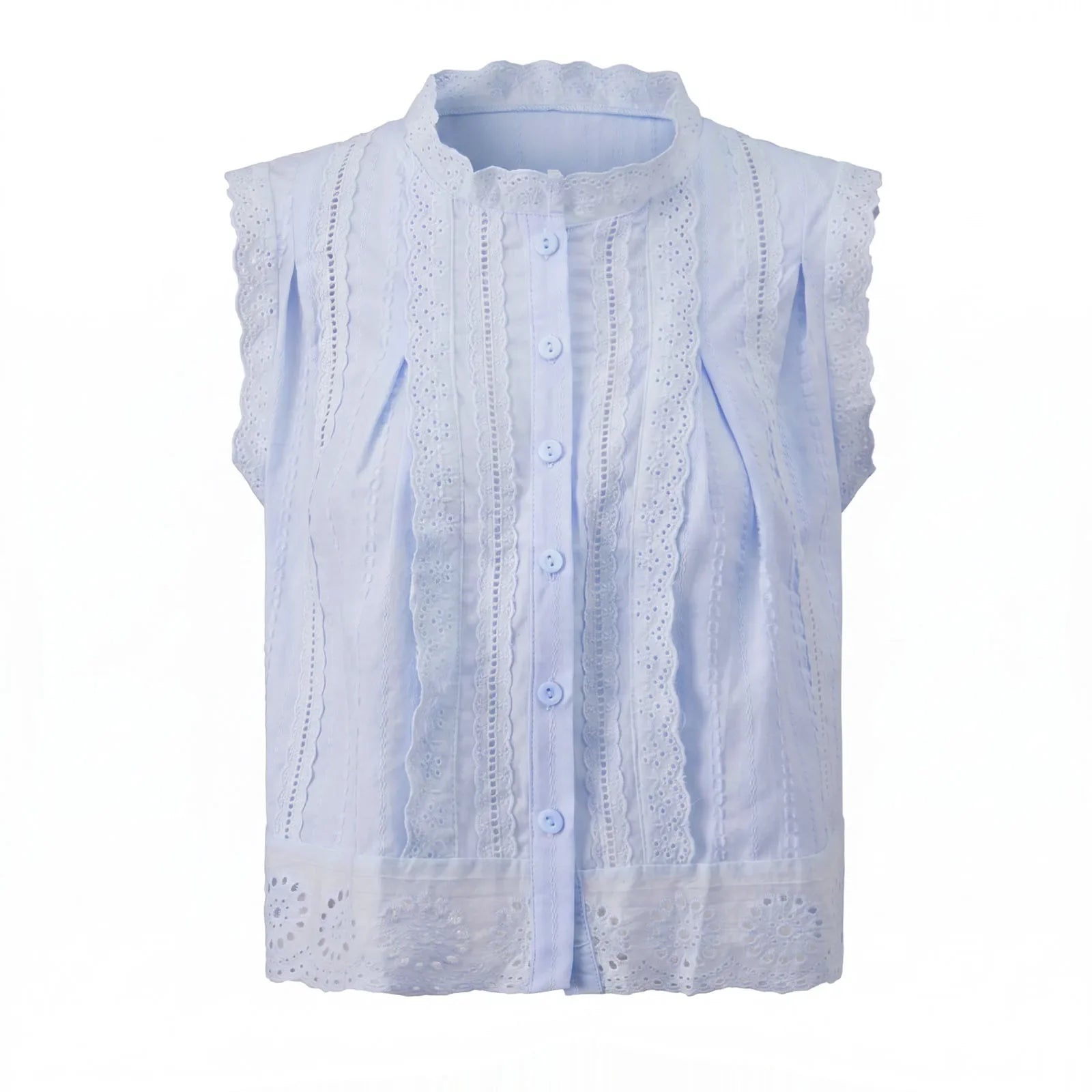 Summer Women’s Button Down Eyelet Tops Solid Color Sleeveless Round Neck Lace Trim Shirts Daily Casual Blouse Summer