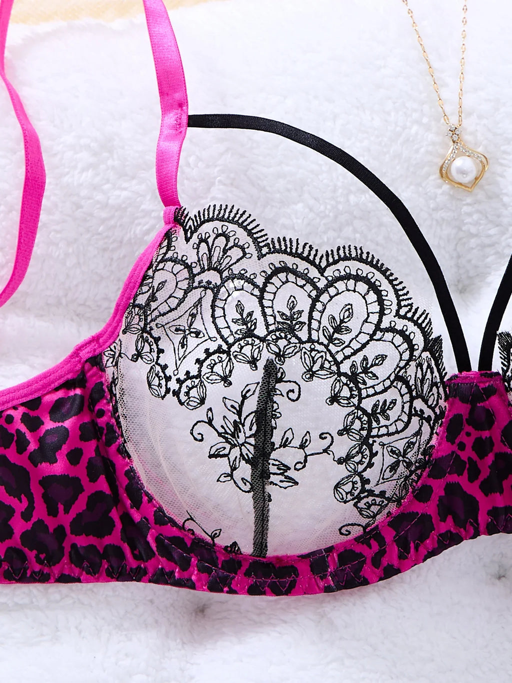 Hot Pink Leopard Print Floral Lace Lingerie Set Underwire Bra With Matching Thong Women Sexy Intimates ZA825120