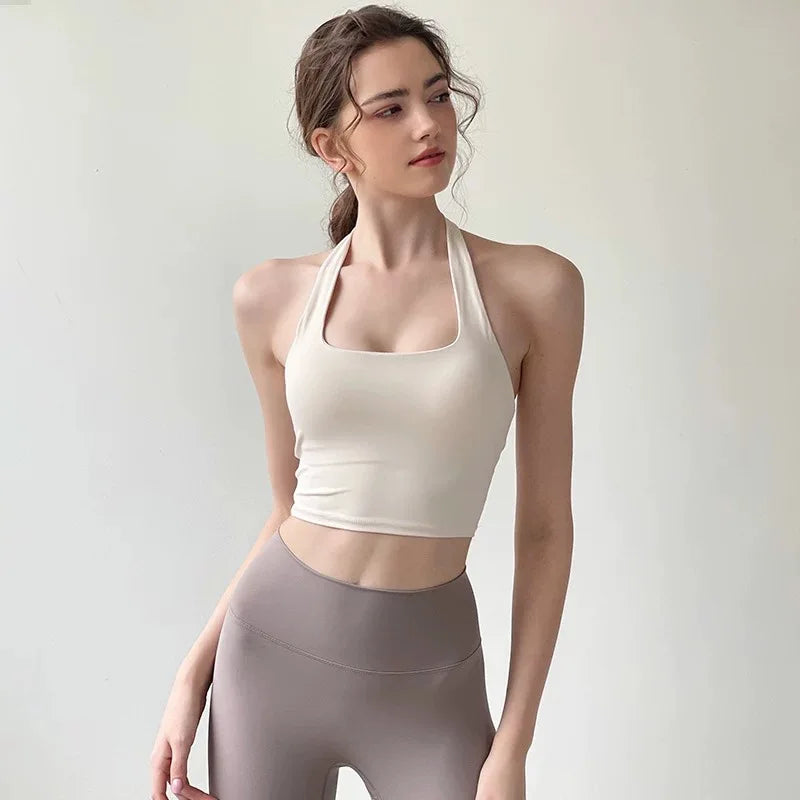 Women's Yoga Sports Bra Sexy Neckband Chest Cushion Beautiful Back Fashionable Pleat Gathering Sports Bra for Fitness