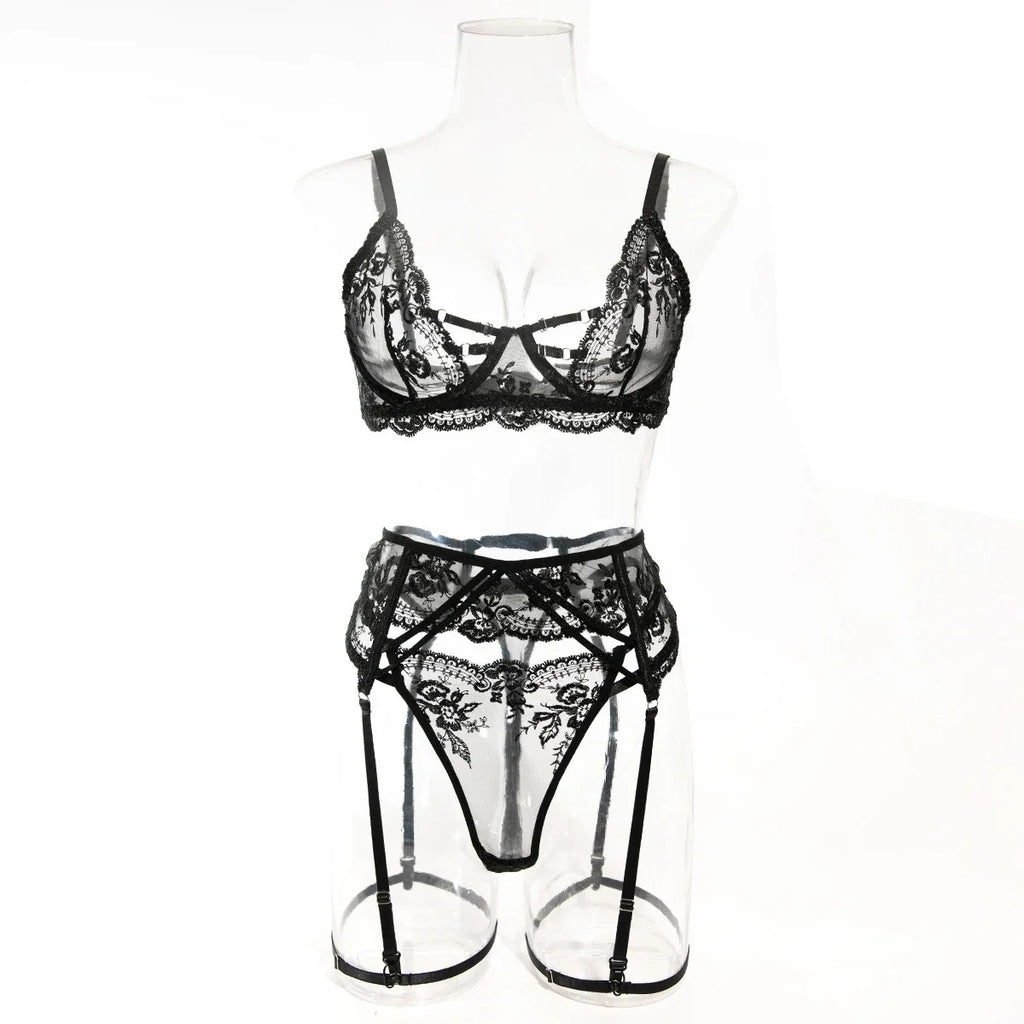 Embroidery Lingerie 3Pcs Sets Ultrathin Mesh Patchwork See Through Bras And Thongs Garter Suits Erotic Intimate Sexy Underwear