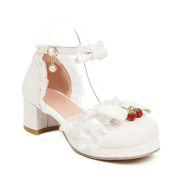 Women's White Pink Bowknot Single Sandals Ruffles High Heels Girls Student Mary Janes Lolita Party Dress Shoes Size 32-48 French