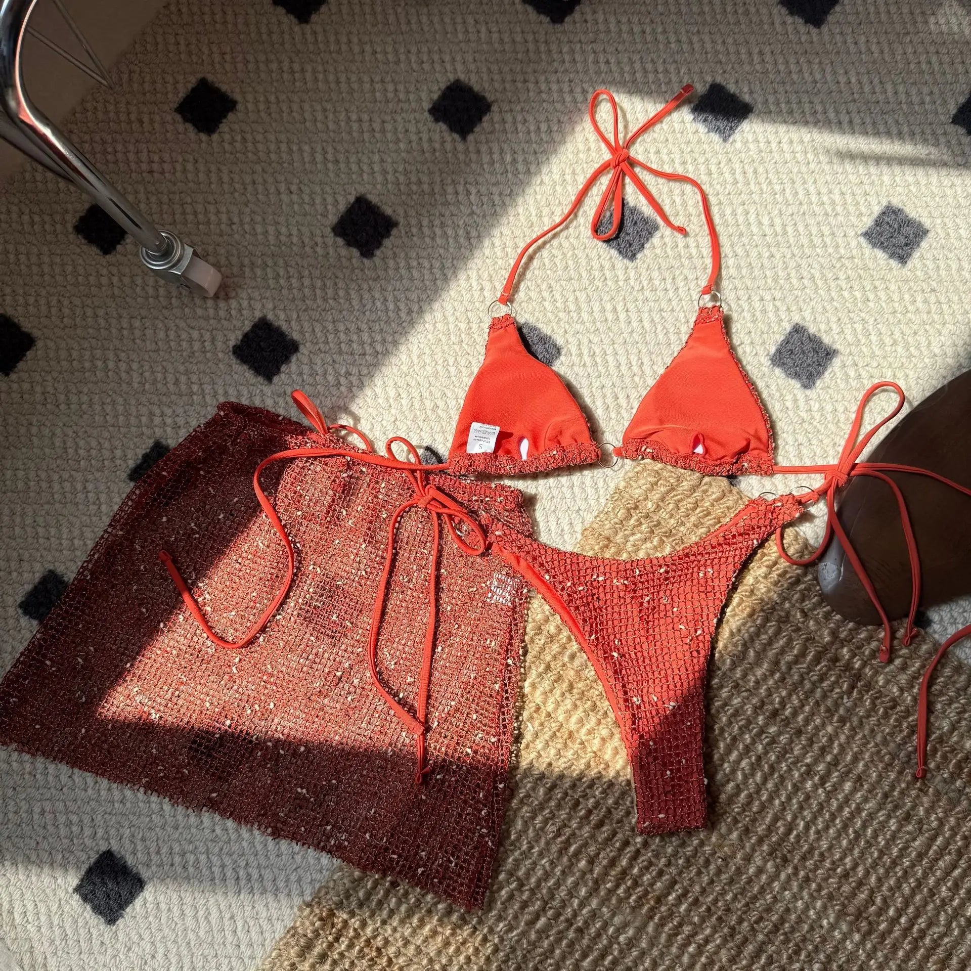 With Fishnet Sarong Skirt Halter Micro Bikini Women Swimwear Female Swimsuit Three-pieces Bikini Set Bathing Suit Swim Beachwear