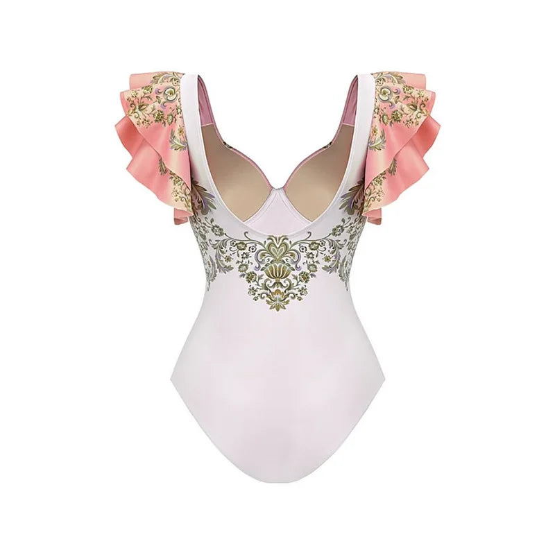 Vintage Pink Floral Print Swimsuit 2024 Ruffle Push Up Skirt Monokini Holiday Bathing Suit Tummy Control Swimwear Surf Wear
