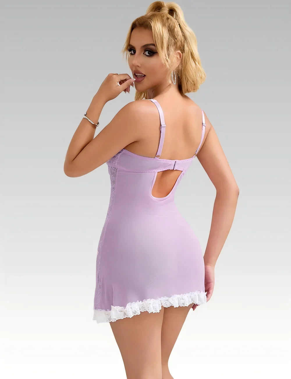 Purple Sexy Lace Ruffled Suspender Babydoll Nightdress for Women Push Up Chemise Sleepwear Lingerie