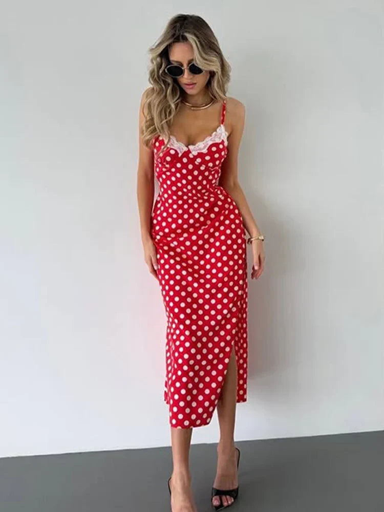 Ahagaga Fashion Women's Polka Dot Dresses Lace Patchwork Camisole Slit Slim Fit Sexy Female Casual Outfit Summer Beach Vestidos