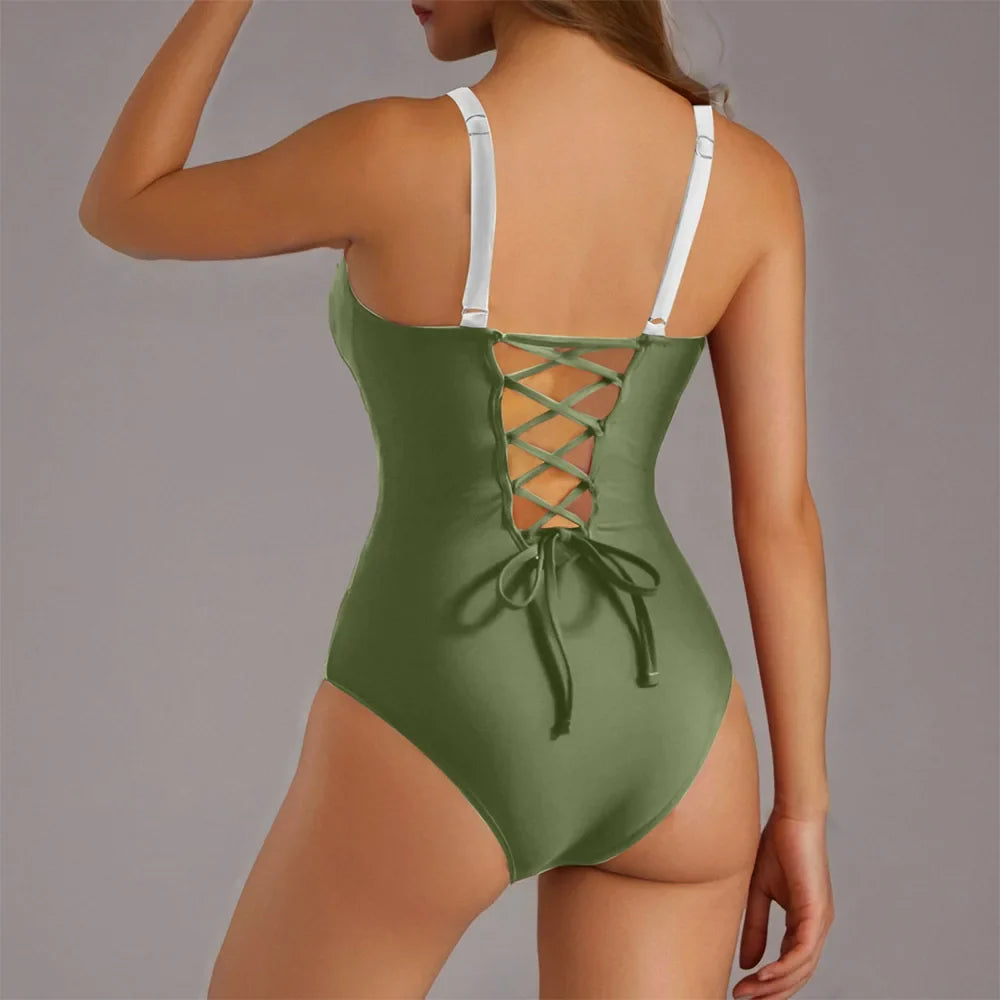 Black One Piece Swimsuit Women Swimwear 2026 New Solid Lace Up Bodysuit Monokini Sexy Slim Thong Brazilian Beach Bathing Suit XL