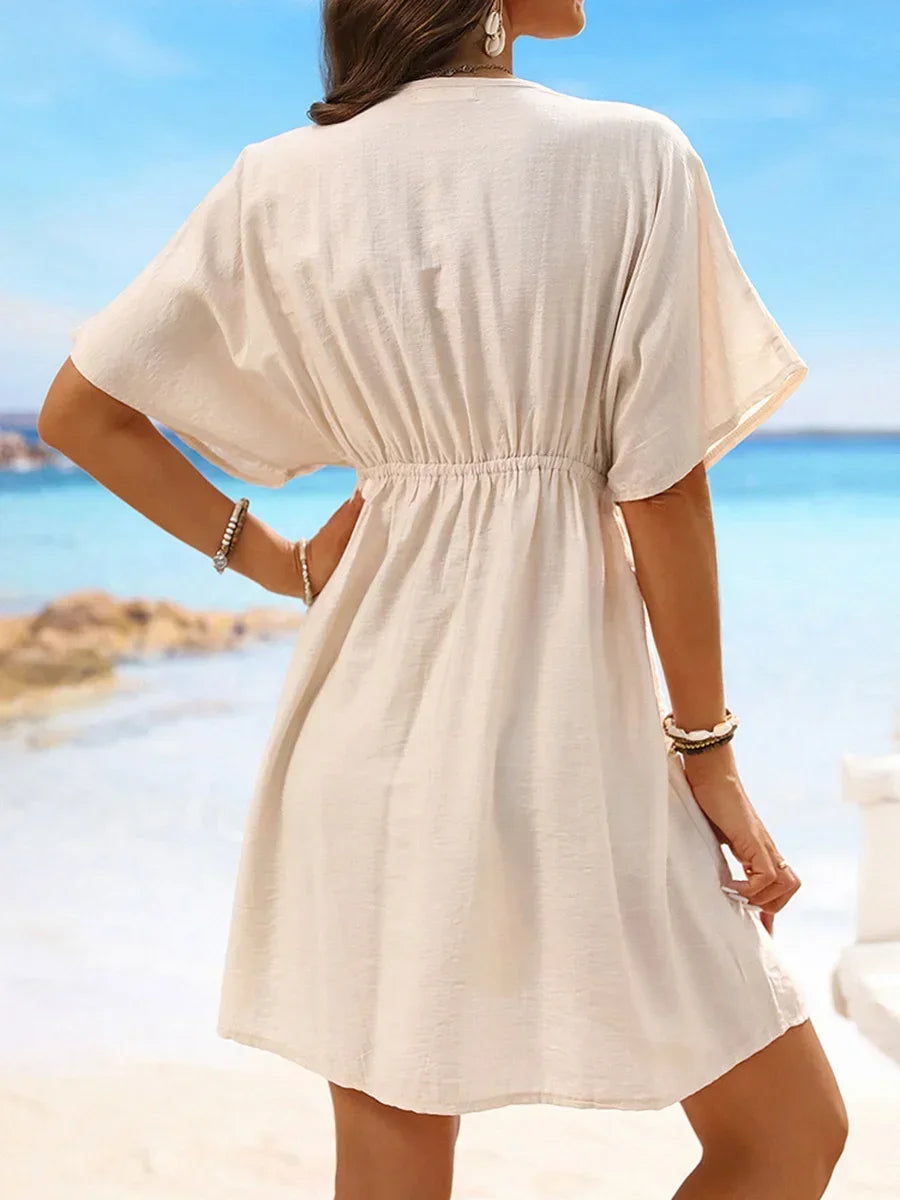 V Neck Lace Short Sleeve Tunic Beach Cover Up Cover-ups Beach Dress Beach Wear Beachwear Female Outfits Bathing kaftan for Women