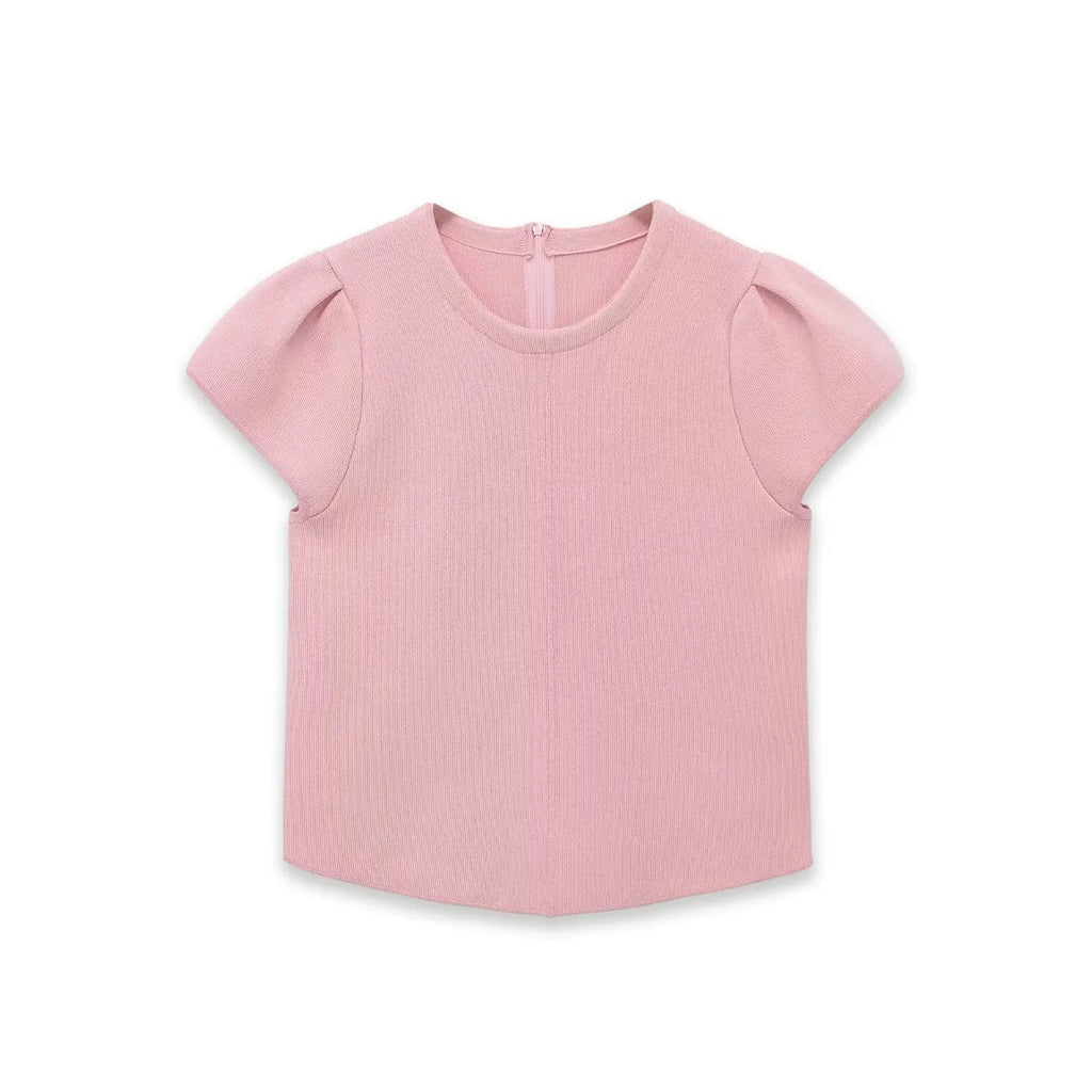 Women's Fashion Casual Puff Sleeve Casual Top Pink Puff Sleeve Knit Top Round Neck Ribbed Back Zipper Casual Style T-Shirt 60BW