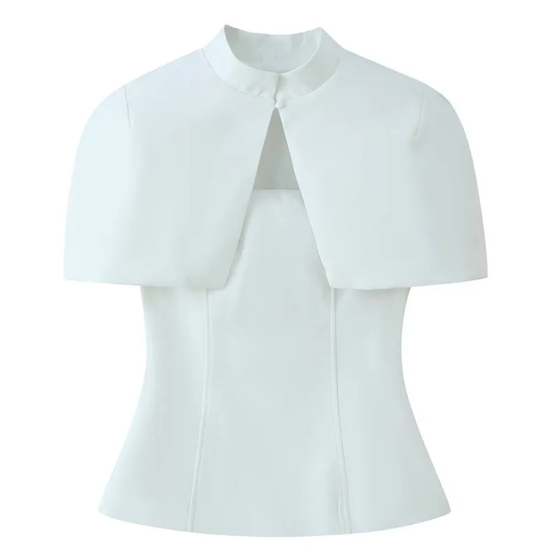 Women's Fashion Casual Shawl-Style Waist-Cinching Top Solid Color For Woman Elegant Cape Sleeve Top For Women White Black 81FF