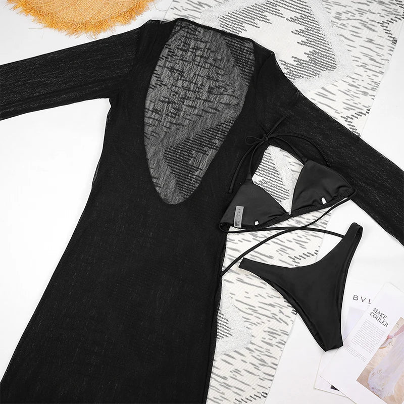 Sexy Solid 3 Piece Micro Bikinis Women Swimsuit 2025 New Swimwear With Long Sleeve Bathing Suit Beachwear Biquini Female