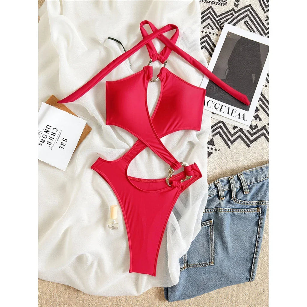 Sexy Tummy Cut Out Leopard Snakeskin Women Swimwear One Piece Swimsuit Female Halter High Cut Leg Bather Bathing Suit Swim V7972