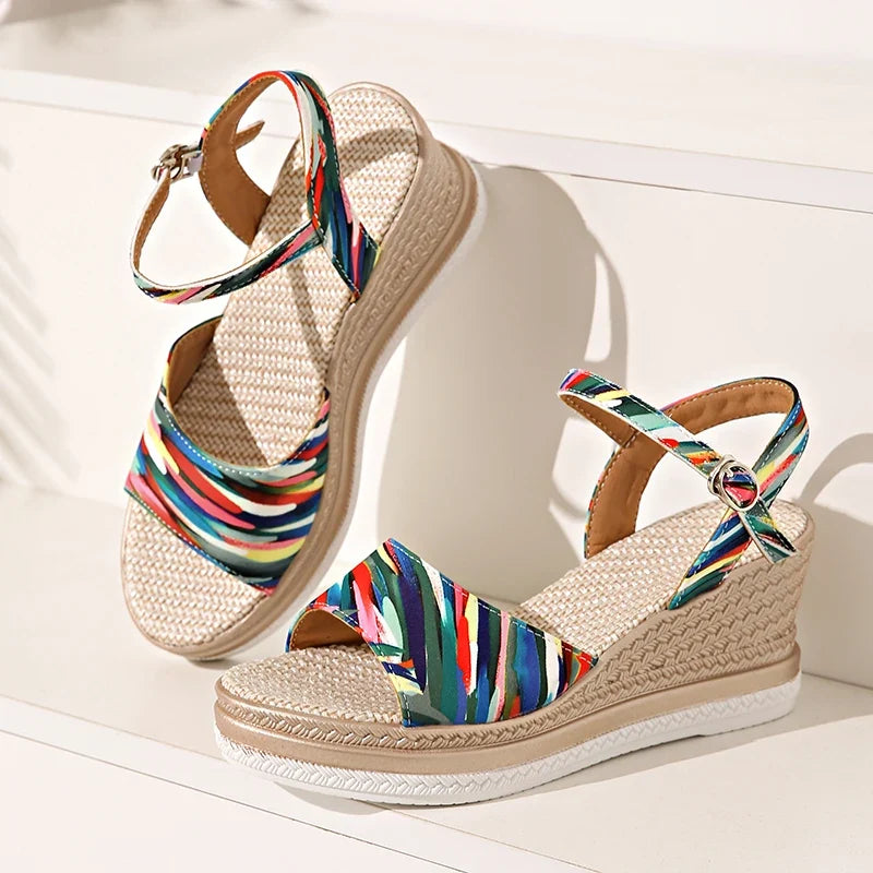 2025 Summer Leopard Print Wedges Sandals Women Plus Size Ankle Buckle Platform Sandles Woman Lightweight Chunky Heel Sandalias