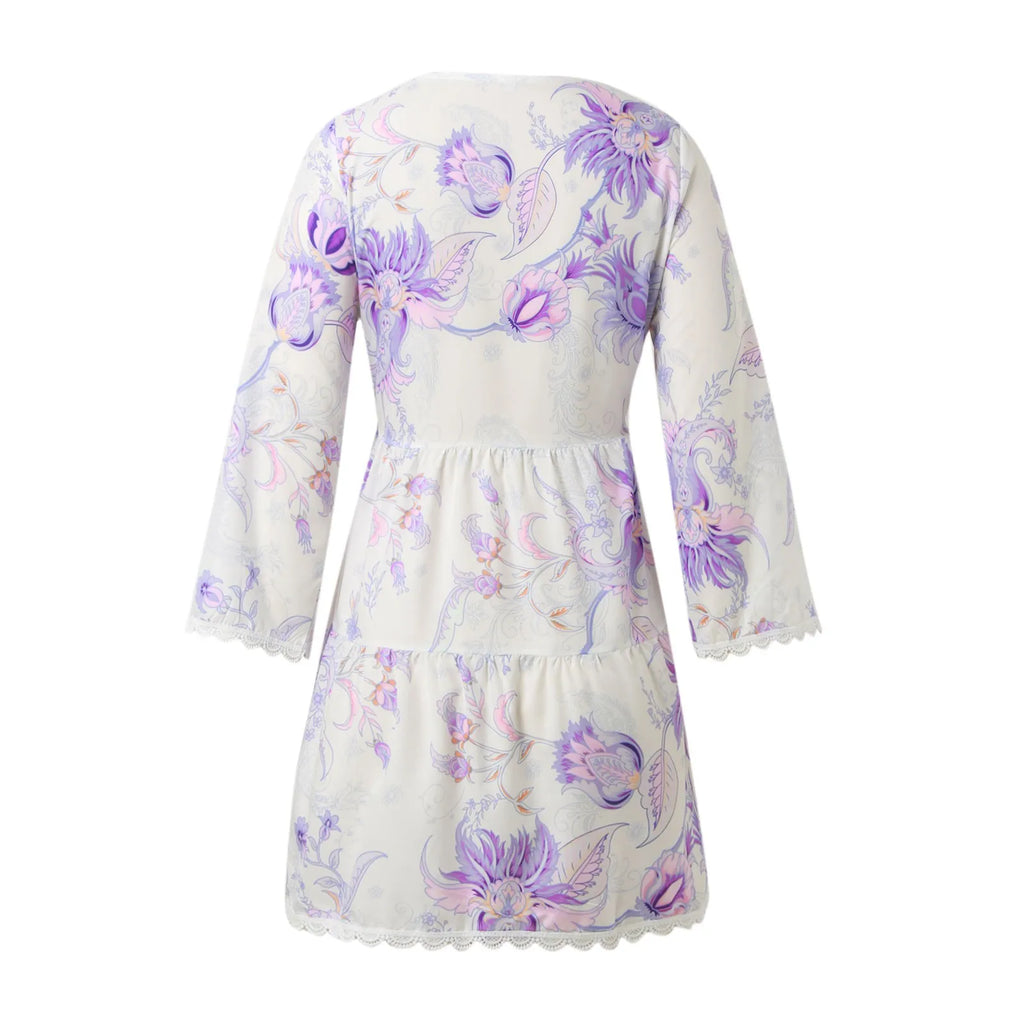 Dresses For Formal Occasions Womens Fashion V Neck Lace Jacquard Seven Quarter Sleeve Bohemian Floral Dress Sexy Beach Sundress