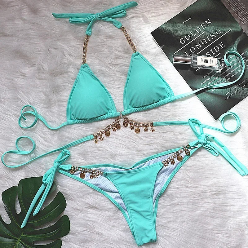 Wrap Around Halter Metal Chains Bikinis 2025 Diamond Bikini Women Swimsuit Female Swimwear Two Pieces Bikini set Bathing Suit