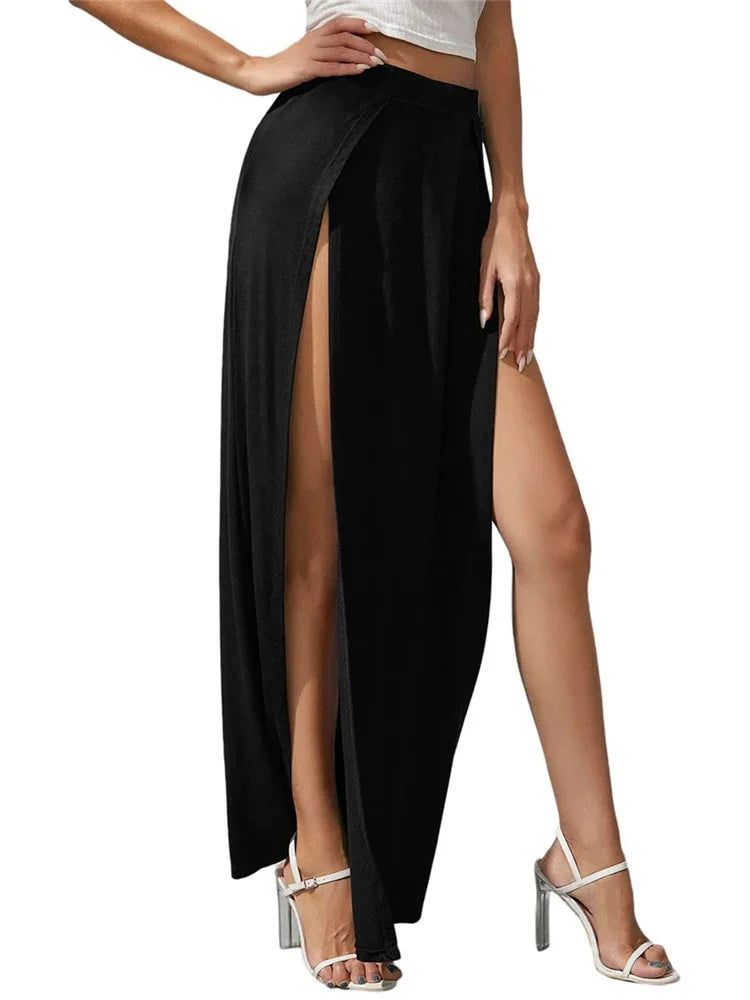 Women's Elastic High Waist Skirts Solid Color Side High Split Loose Fit  Long Skirts Beachwear