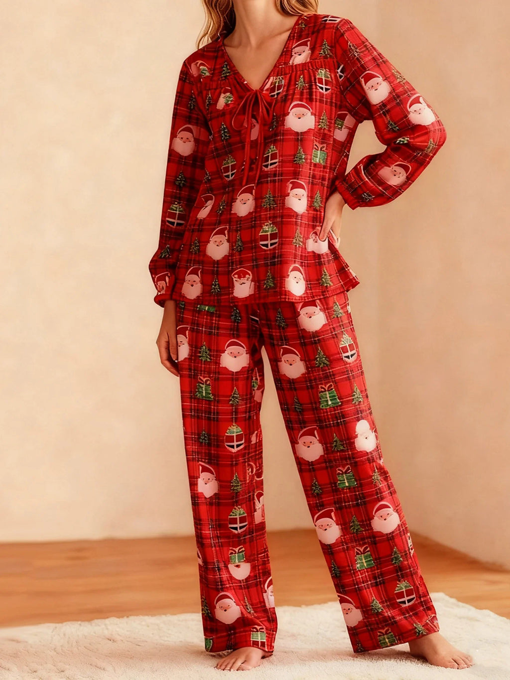 Women Christmas Pajamas Long Sleeve Tie-up V Neck Tops and Pants Loose Fall Winter Two Piece Loungewear