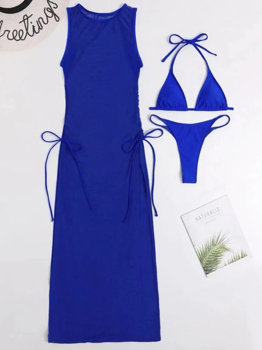 3 Pieces Thong Bikini 2026 Women With Dress String Swimwear Female Solid Swimsuit Beach Wear Bathing Swimming Suit Summer
