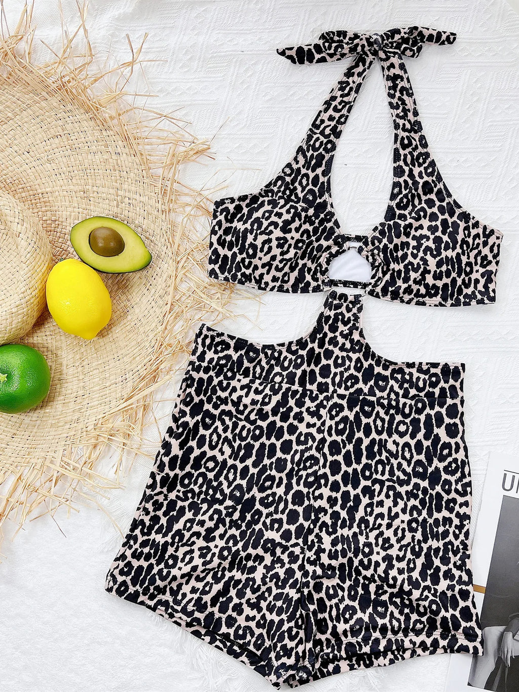 2 Colors Sexy One Piece Swimsuit Swimwear Women Black Leopard Colorful Print High Waist Halter Bathing Suit Beachwear Metal Hoop