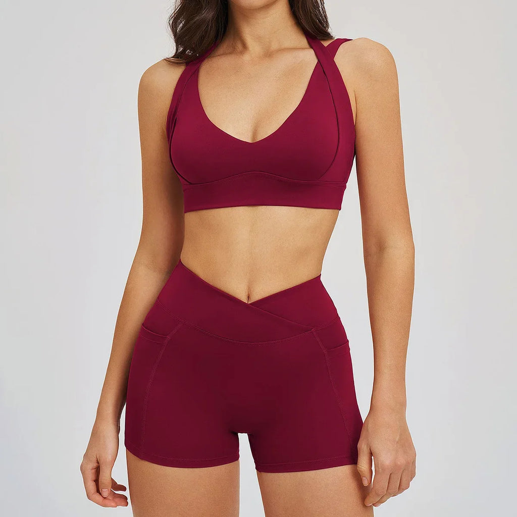 Women' Sports High Waist Shorts Set Fitness Cycling Elastic Sports Pants Yoga Bra Set Gym Sportswear Workout Set Athletic