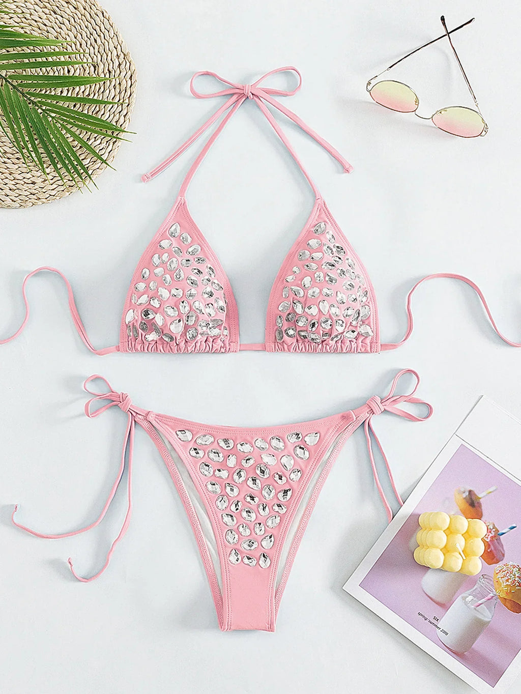 DEKA Women Sexy Rhinestones Bikini Set With Solid Color Thong Swimwear Female Push Up Swimsuit Beach Swimming Bathing Suit