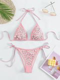 DEKA Women Sexy Rhinestones Bikini Set With Solid Color Thong Swimwear Female Push Up Swimsuit Beach Swimming Bathing Suit
