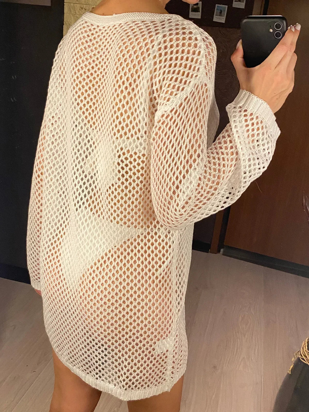 V Neck Long Sleeve Hollow Out Crochet Knitted Tunic Beach Dress Beach Wear Beachwear Beach Cover Up Cover-upsFemale Women V6335